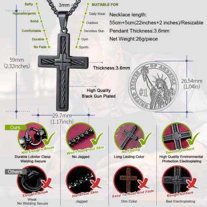 Twisted Pattern Cross Necklace Pendant Stainless Steel Black - product size