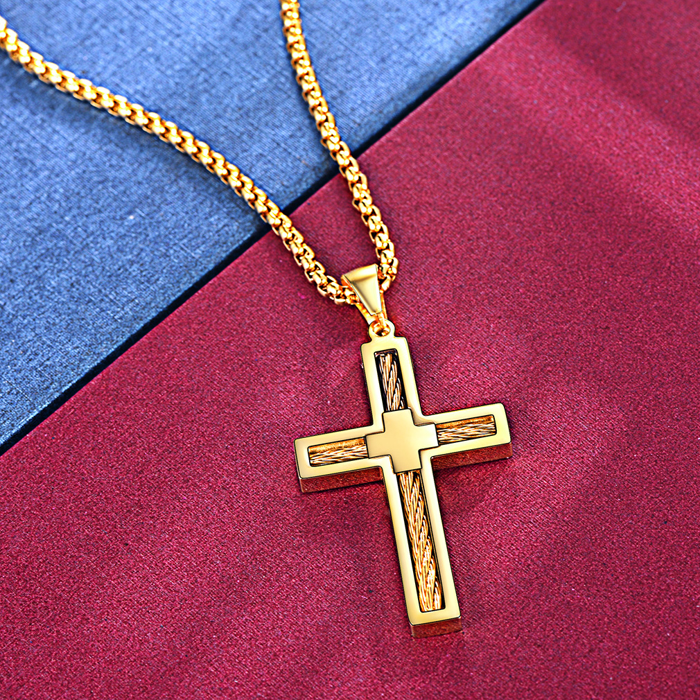 Twisted Pattern Cross Necklace Pendant Stainless Steel Gold - product detail