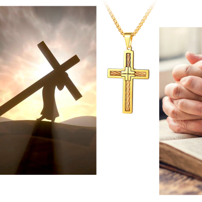 Twisted Pattern Cross Necklace Pendant Stainless Steel Gold - product main concept