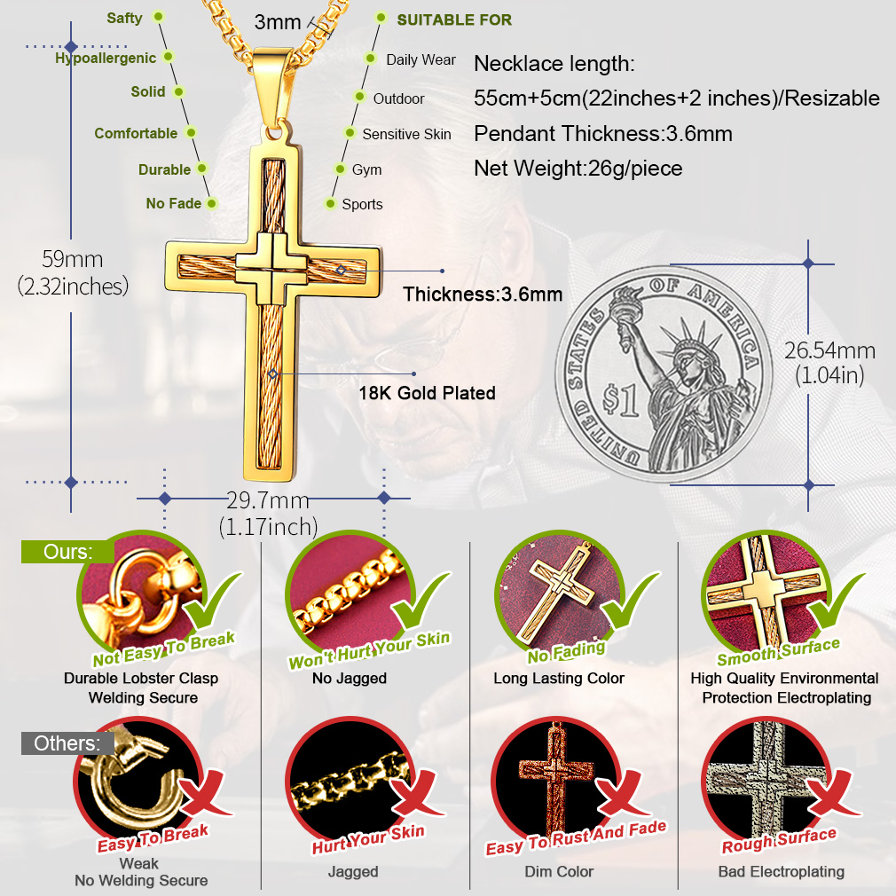 Twisted Pattern Cross Necklace Pendant Stainless Steel Gold - product size