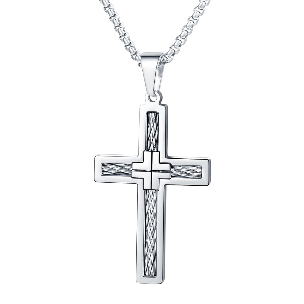 Twisted Pattern Cross Necklace Pendant Stainless Steel Silver - main image