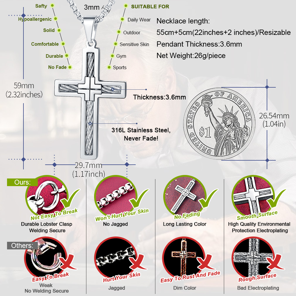 Twisted Pattern Cross Necklace Pendant Stainless Steel Silver - product size