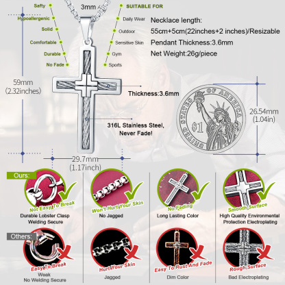 Twisted Pattern Cross Necklace Pendant Stainless Steel Silver - product size