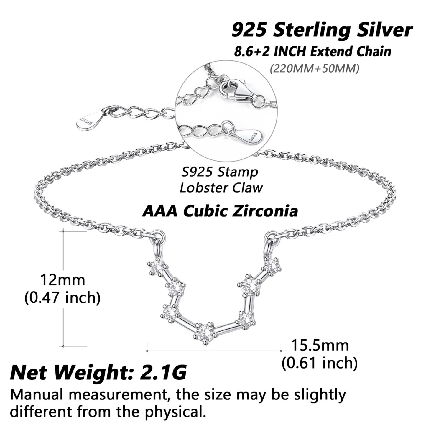 Adjustable Zodiac Cubic Zirconia Horoscope Chain Anklet Details: Dimensions, Hypoallergenic, Lobster-Claw-Clasps