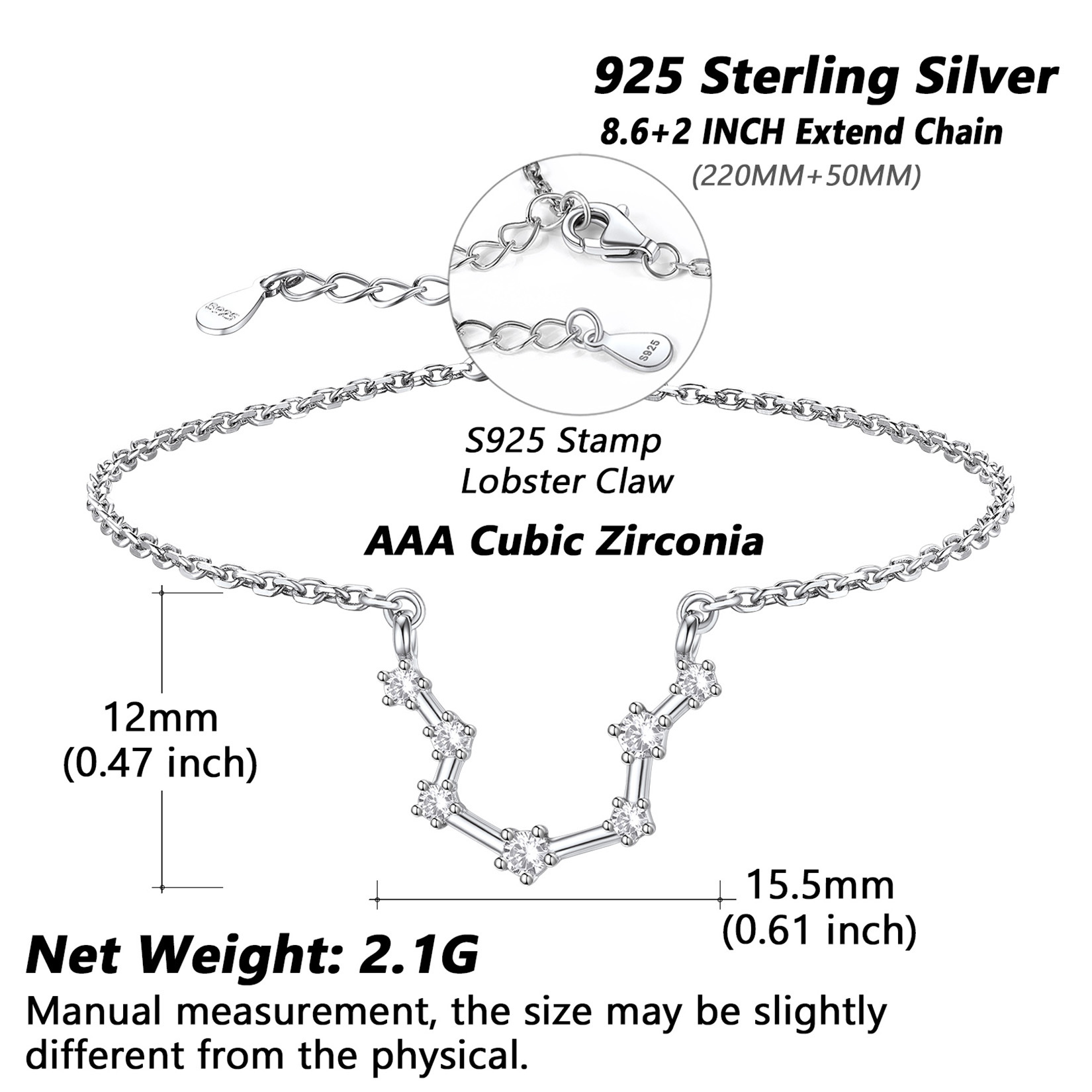 Adjustable Zodiac Cubic Zirconia Horoscope Chain Anklet Details: Dimensions, Hypoallergenic, Lobster-Claw-Clasps