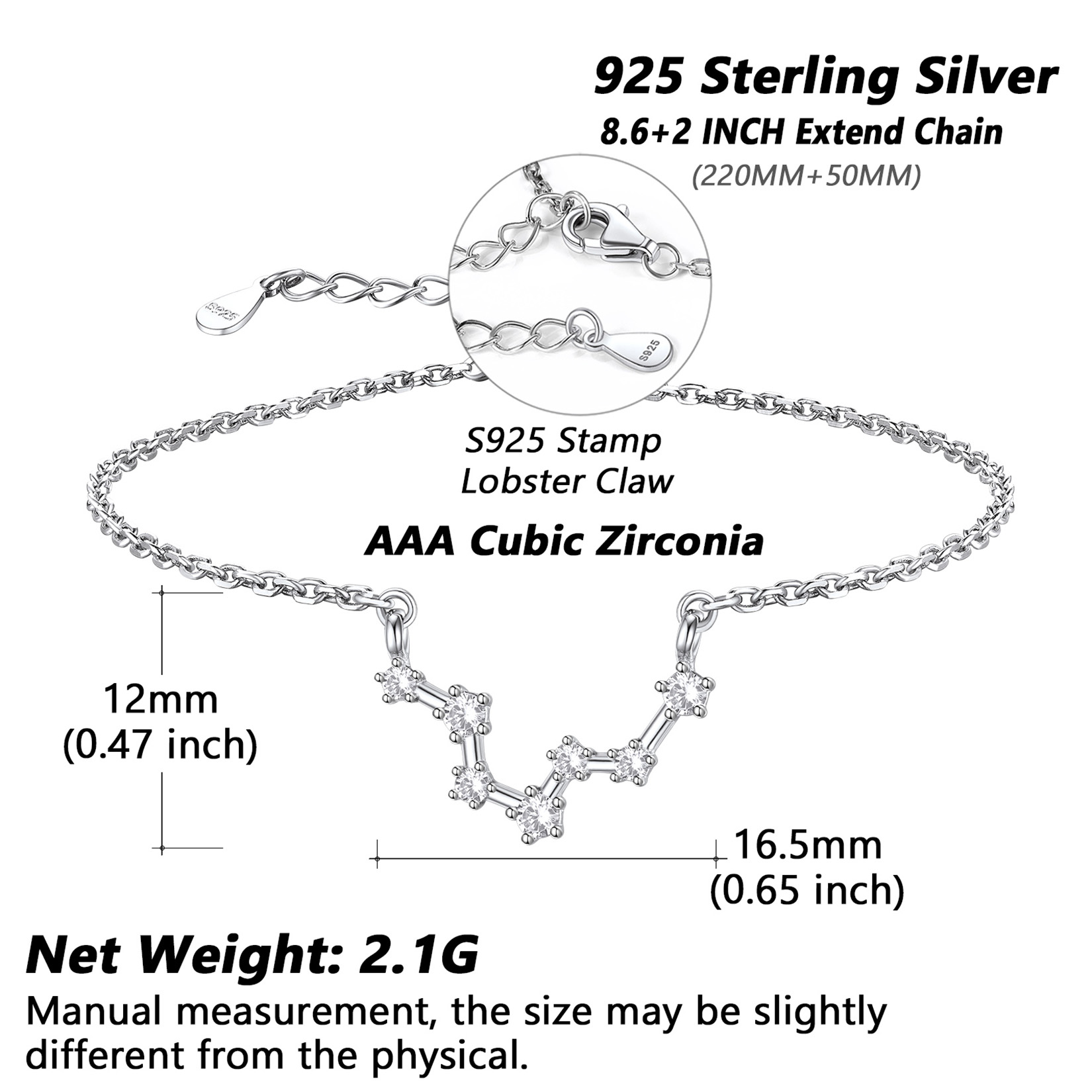 Adjustable Zodiac Cubic Zirconia Horoscope Chain Anklet Details: Dimensions, Hypoallergenic, Lobster-Claw-Clasps