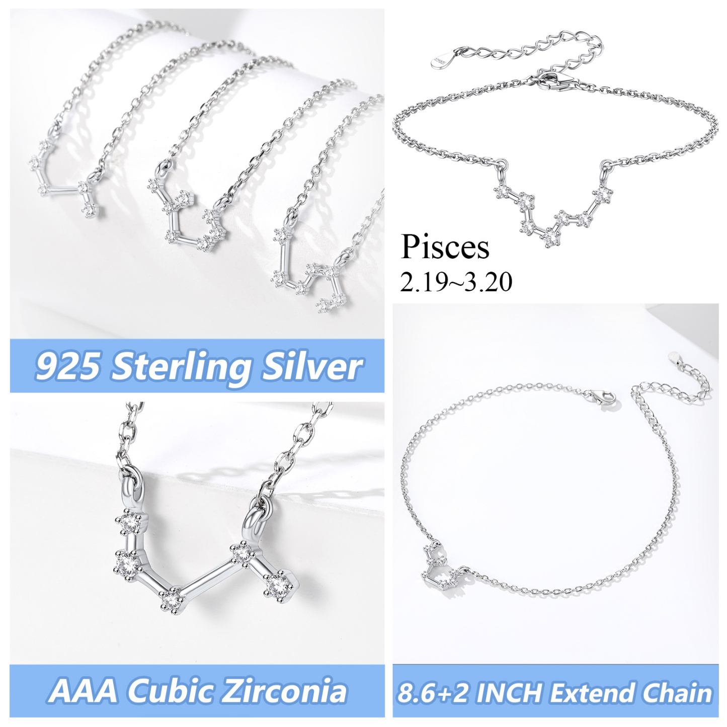 Adjustable Zodiac Cubic Zirconia Horoscope Chain Anklet Details: Dimensions, Hypoallergenic, Lobster-Claw-Clasps