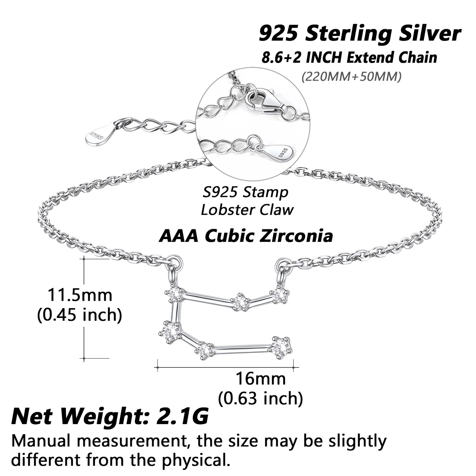 Adjustable Zodiac Cubic Zirconia Horoscope Chain Anklet Details: Dimensions, Hypoallergenic, Lobster-Claw-Clasps