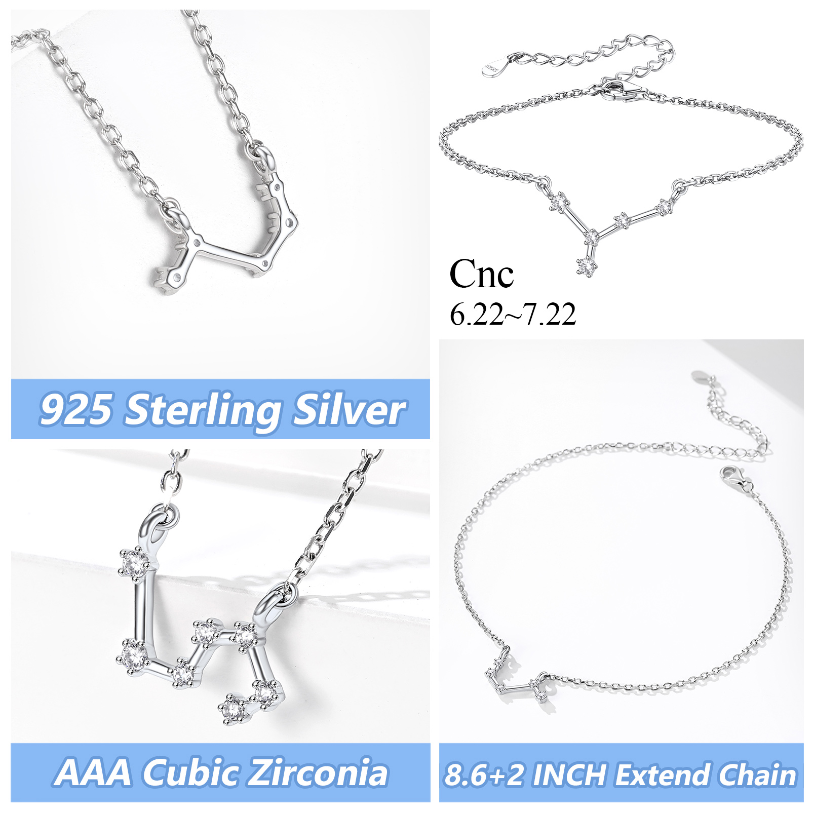 Adjustable Zodiac Cubic Zirconia Horoscope Chain Anklet Details: Dimensions, Hypoallergenic, Lobster-Claw-Clasps