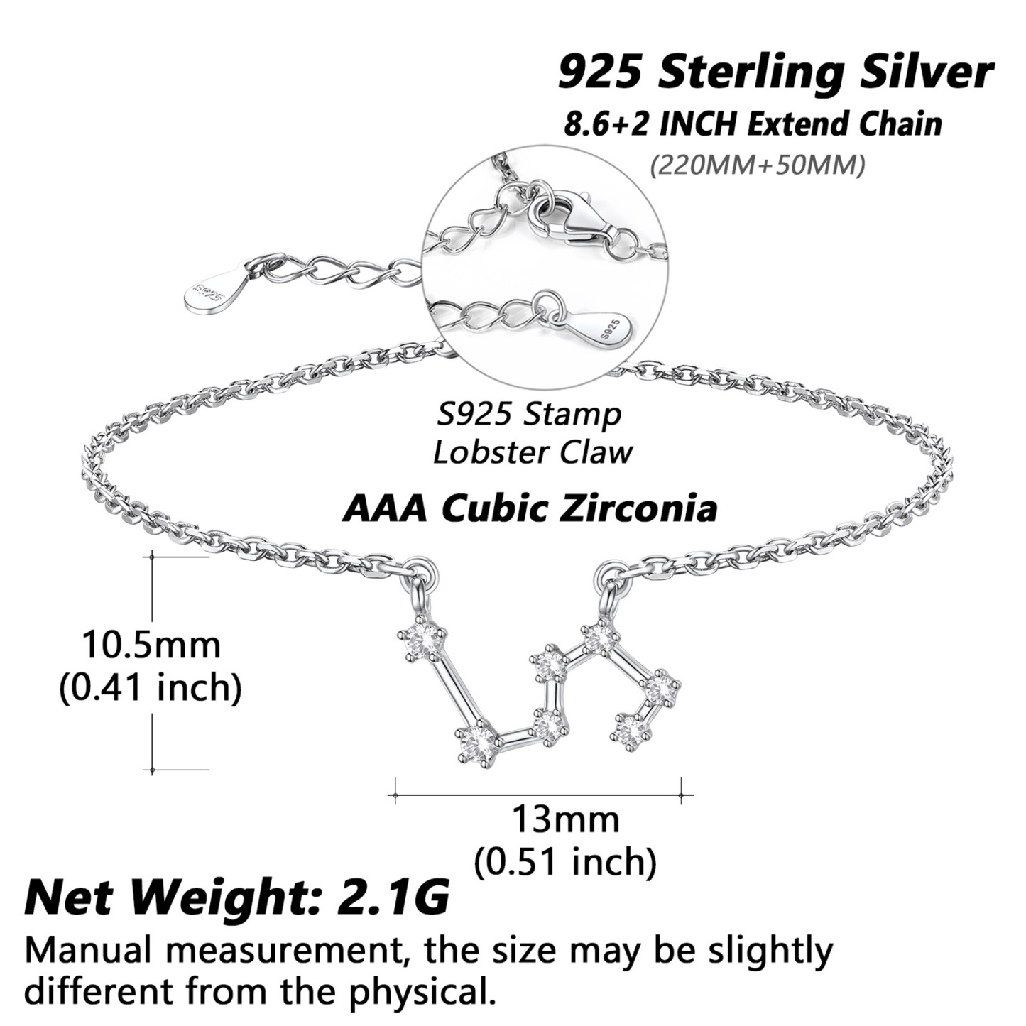 Adjustable Zodiac Cubic Zirconia Horoscope Chain Anklet Details: Dimensions, Hypoallergenic, Lobster-Claw-Clasps