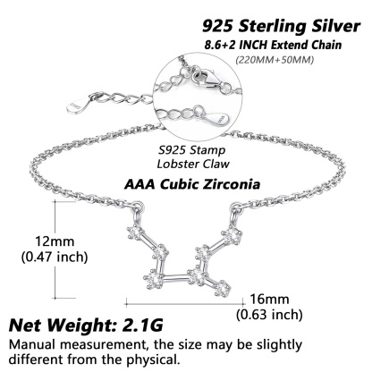 Adjustable Zodiac Cubic Zirconia Horoscope Chain Anklet Details: Dimensions, Hypoallergenic, Lobster-Claw-Clasps