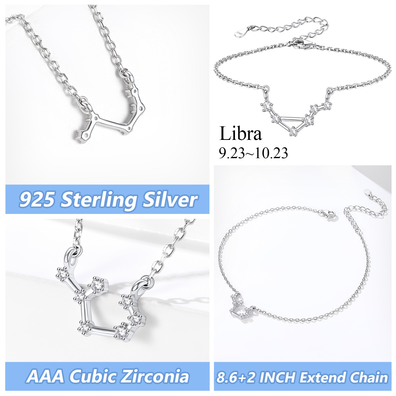 Adjustable Zodiac Cubic Zirconia Horoscope Chain Anklet Details: Dimensions, Hypoallergenic, Lobster-Claw-Clasps