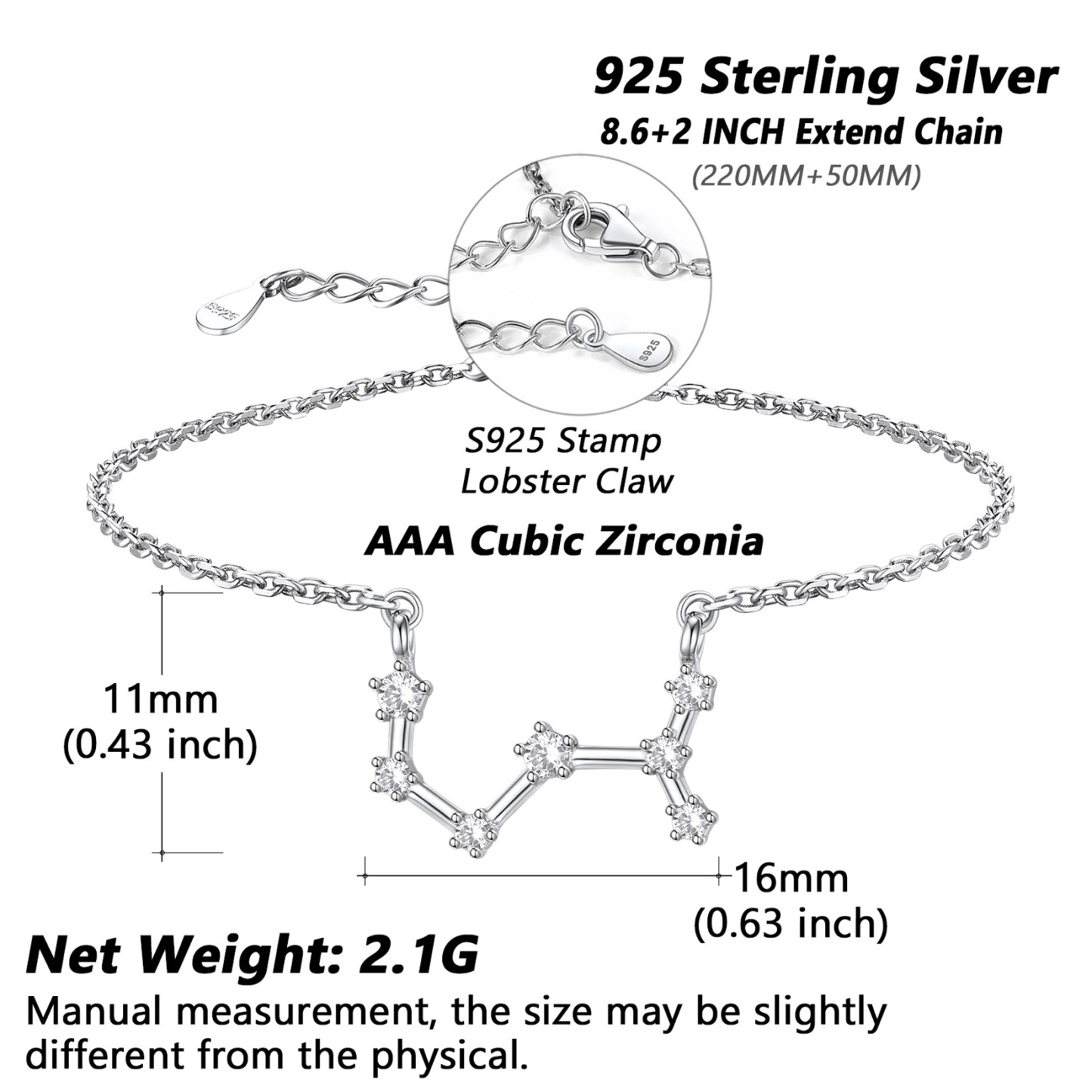Adjustable Zodiac Cubic Zirconia Horoscope Chain Anklet Details: Dimensions, Hypoallergenic, Lobster-Claw-Clasps