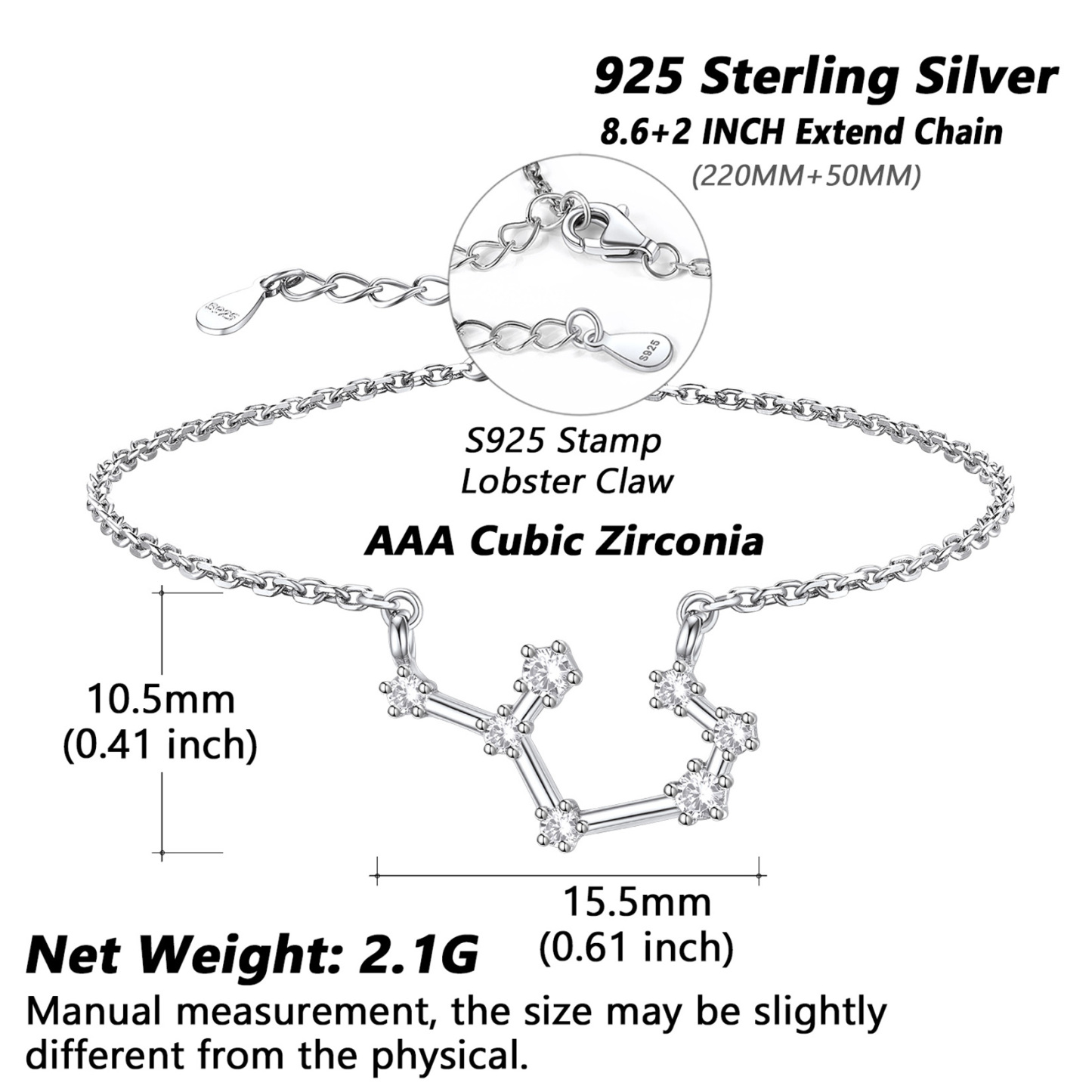 Adjustable Zodiac Cubic Zirconia Horoscope Chain Anklet Details: Dimensions, Hypoallergenic, Lobster-Claw-Clasps