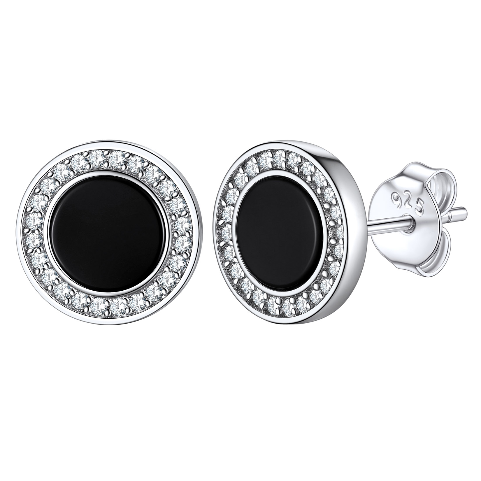 Sterling Silver 6mm Black Agate & Zircon Stud Earrings