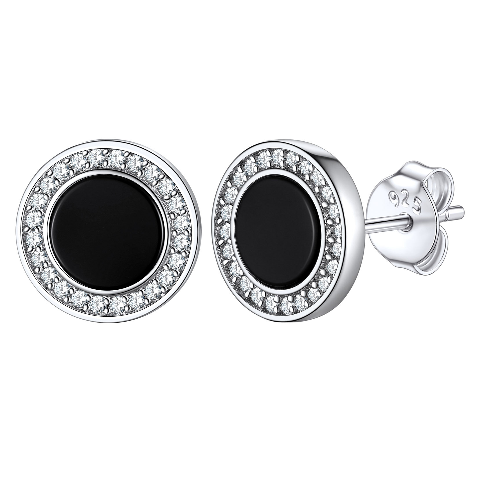 Sterling Silver 6mm Black Agate & Zircon Stud Earrings
