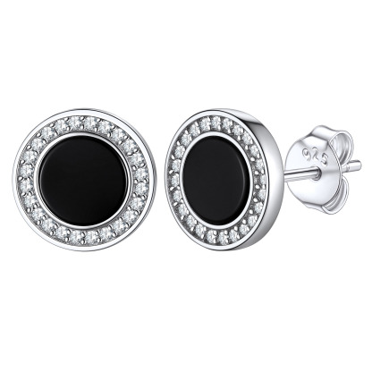 Sterling Silver 6mm Black Agate & Zircon Stud Earrings