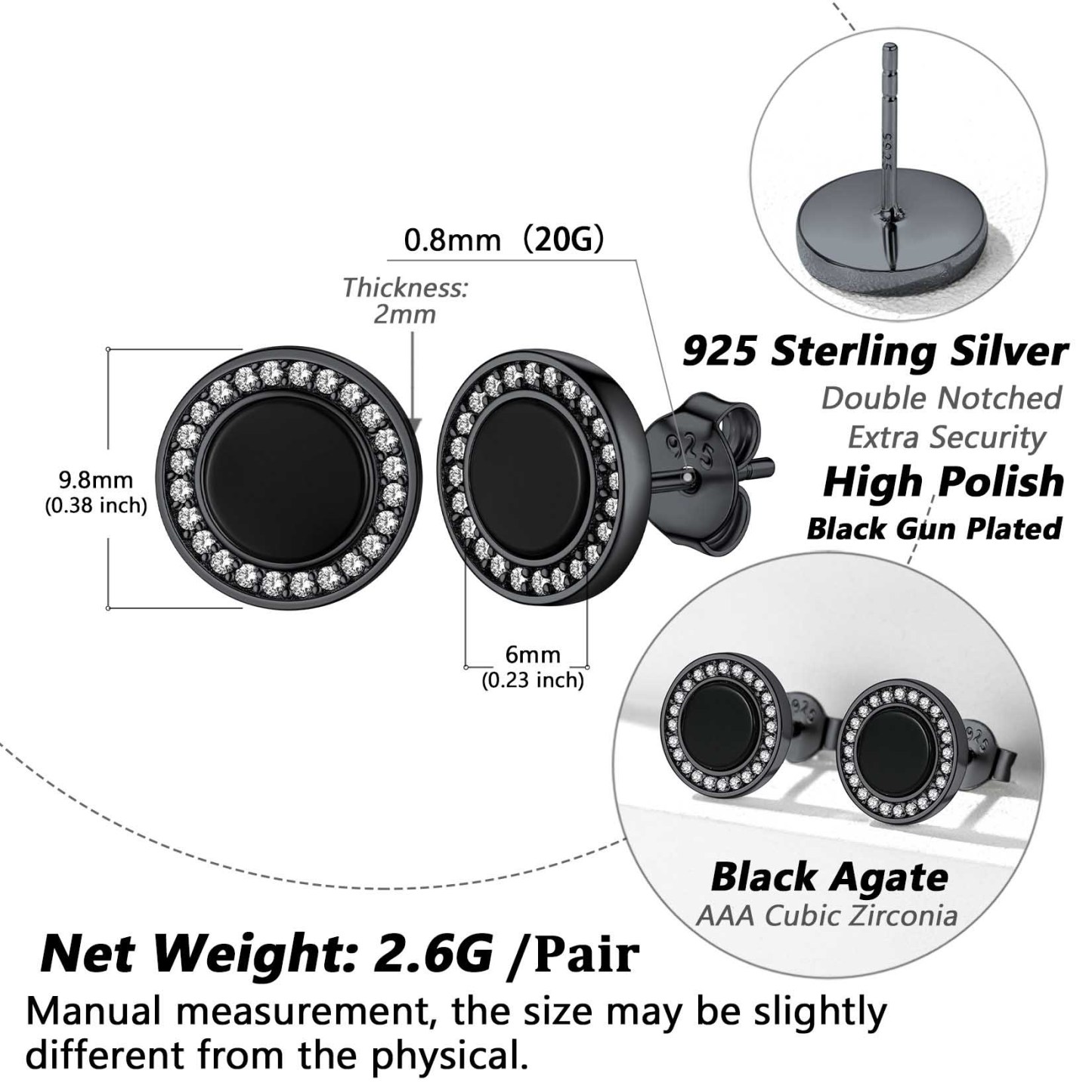 Sterling Silver 6mm Black Agate & Zircon Stud Earrings For Men Women