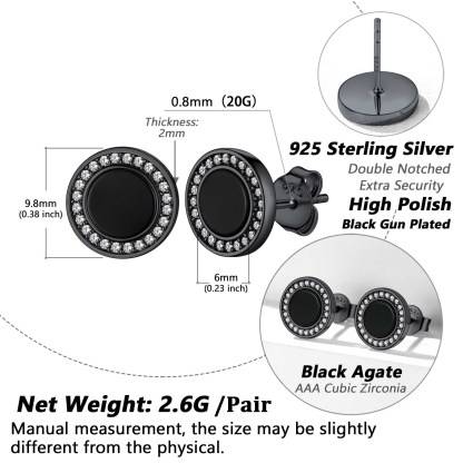 Sterling Silver 6mm Black Agate & Zircon Stud Earrings For Men Women