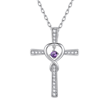 Birthstone Infinity Cross Pendant Necklace for Women Feb