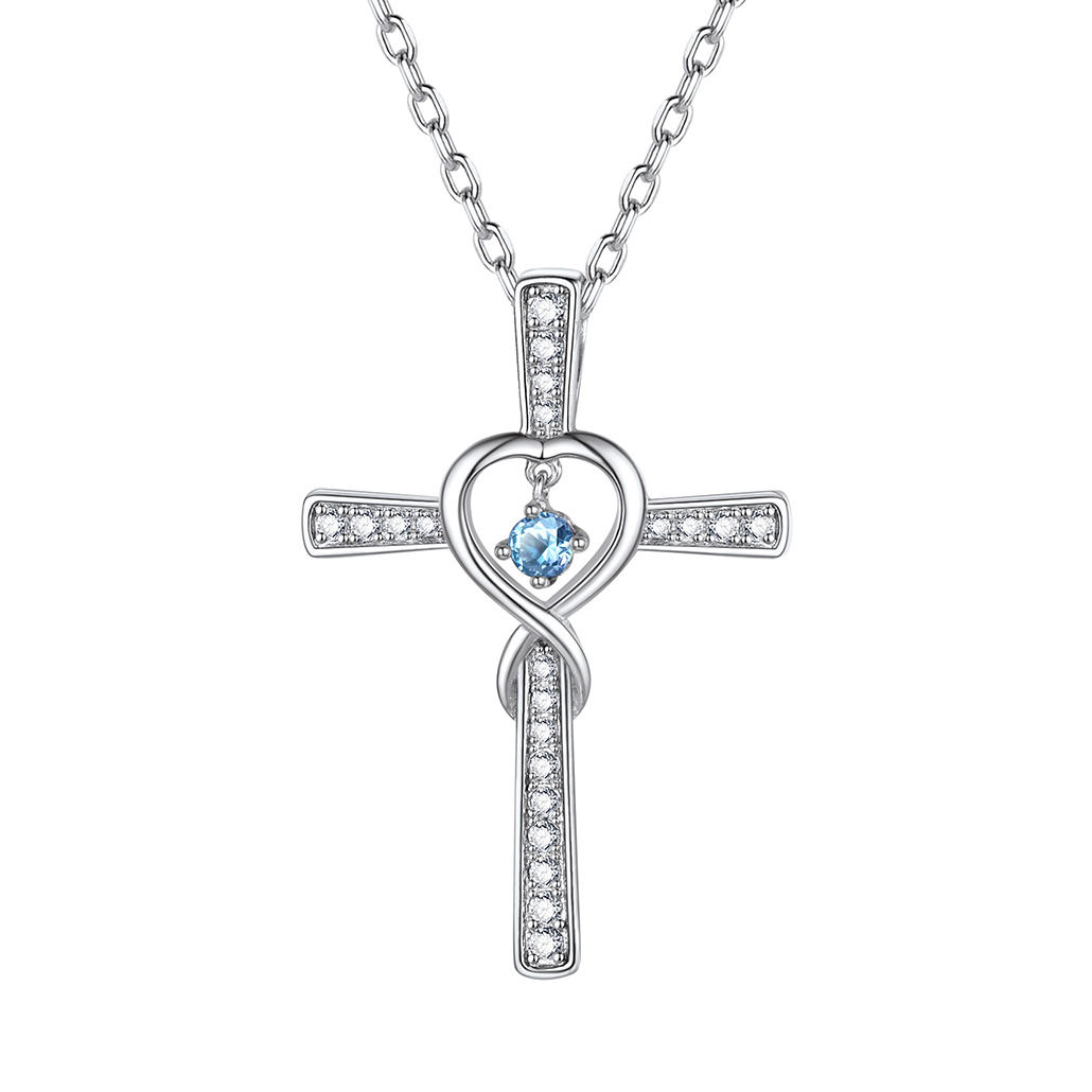 Birthstone Infinity Cross Pendant Necklace for Women Mar