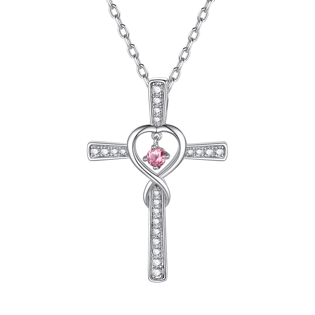 Birthstone Infinity Cross Pendant Necklace for Women Oct