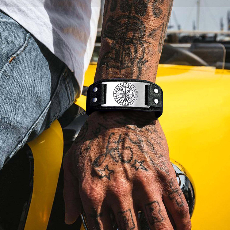 Viking Compass Leather Bracelet In Nordic Style - model effect