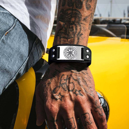 Viking Compass Leather Bracelet In Nordic Style - model effect