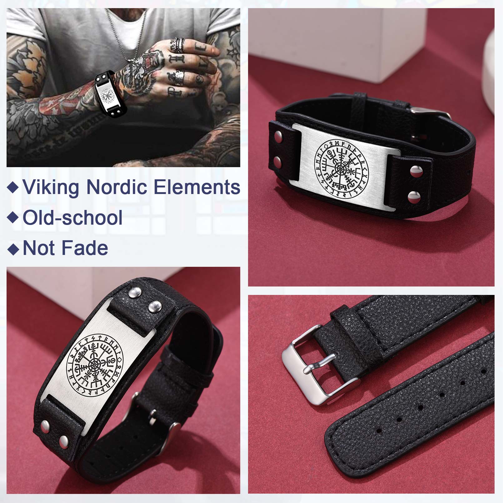 Viking Compass Leather Bracelet In Nordic Style - product details