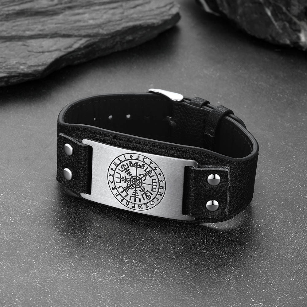 Viking Compass Leather Bracelet In Nordic Style - scene image