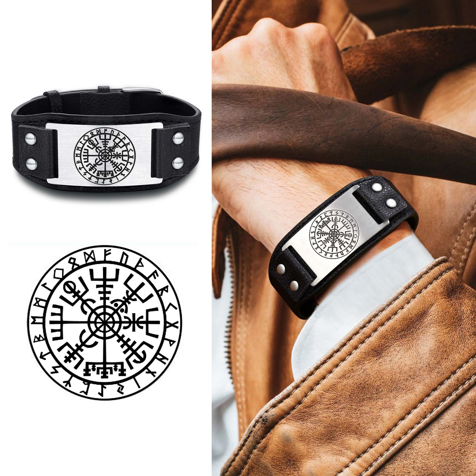 Viking Compass Leather Bracelet In Nordic Style - wearing details