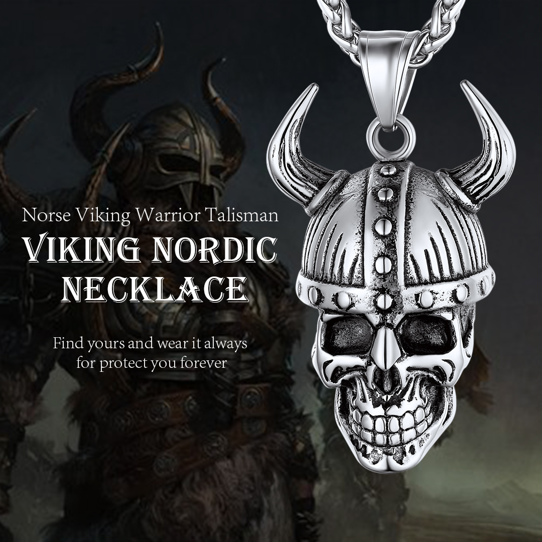 Viking Helmet Skull Necklace for Men - Stainless Steel Gothic Jewelry
