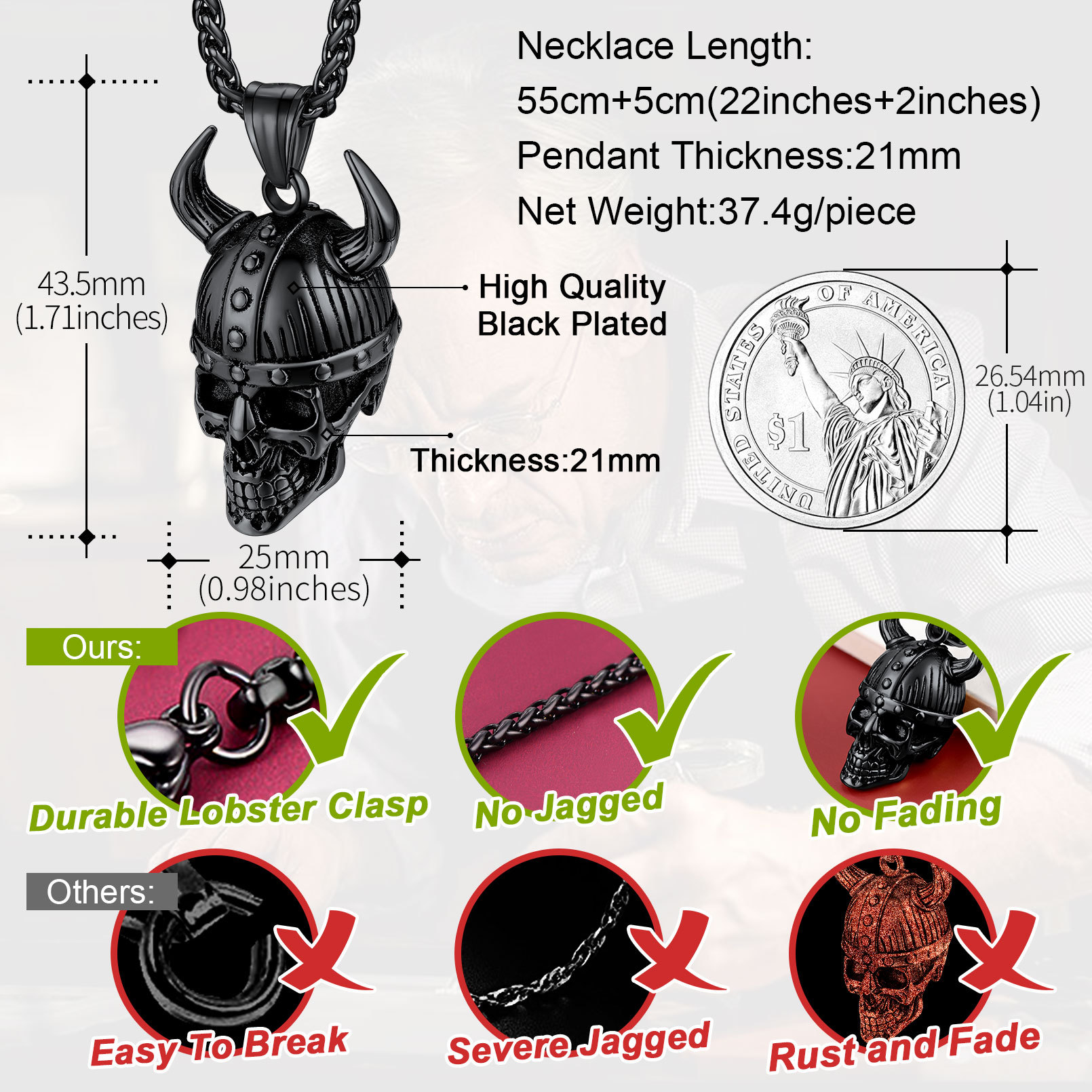 Viking Helmet Skull Necklace for Men - Stainless Steel Gothic Jewelry Size Guide
