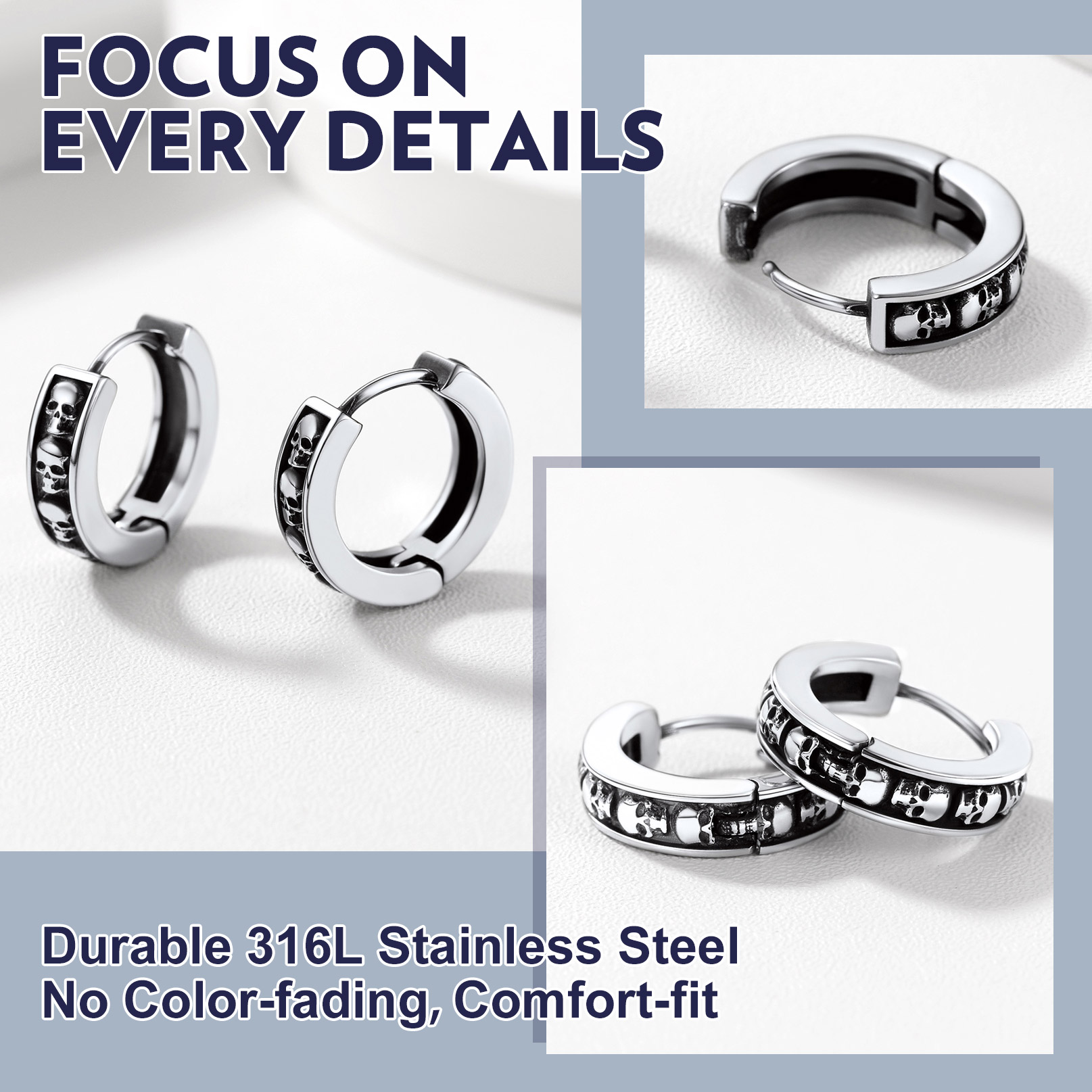 chainshouse Edgy Skull Hoop Earrings Stainless Steel 4.2mm  for Women For Men