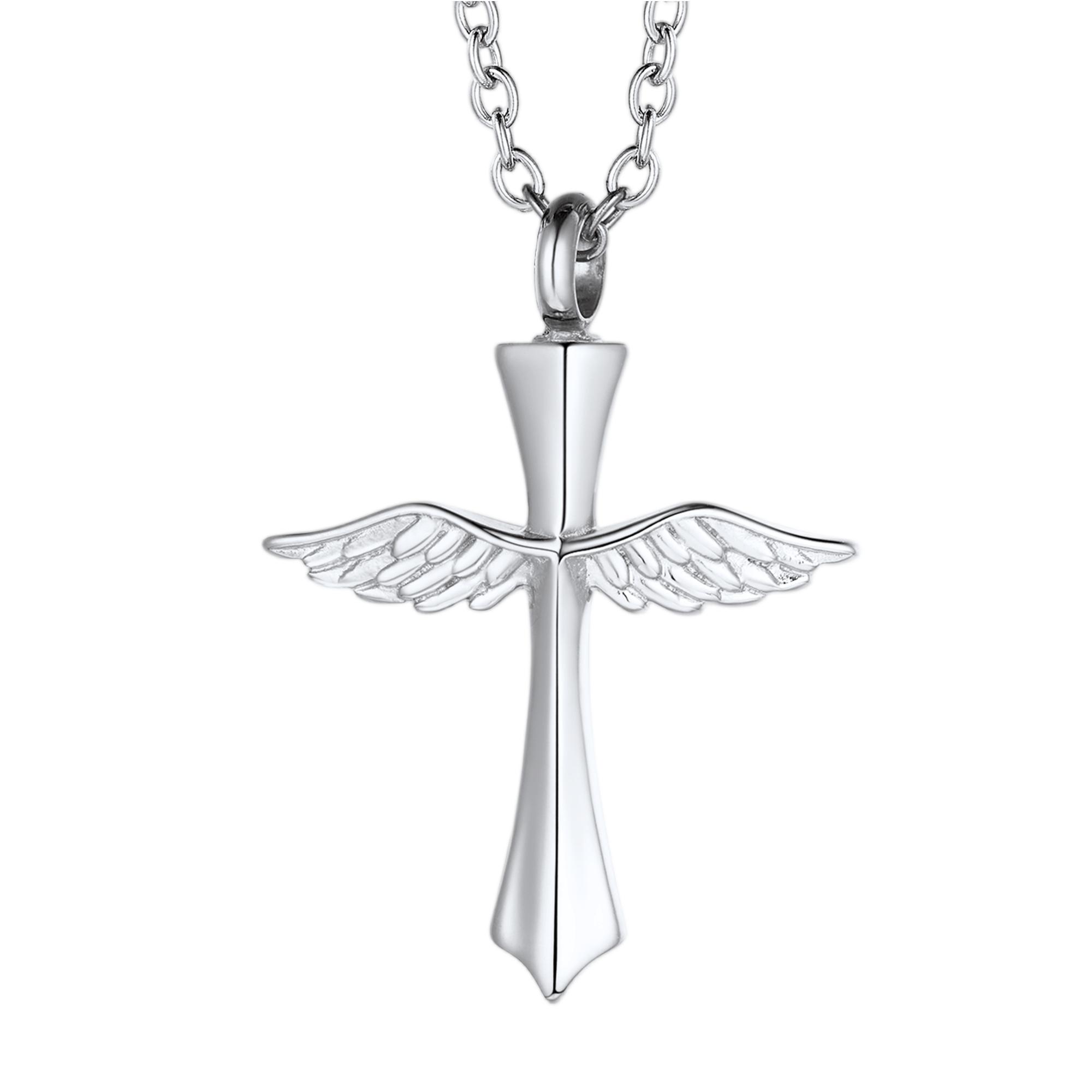 Cross Angel Wing Urn Necklace - Stainless Steel Cremation Keepsake for Ashes