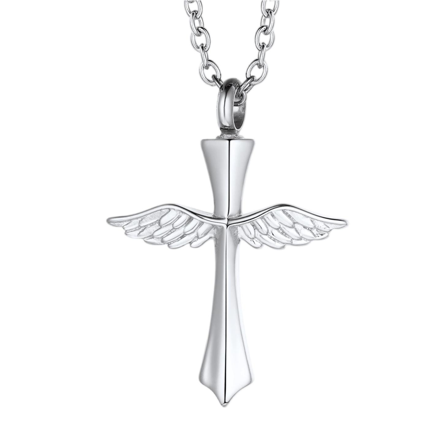 Cross Angel Wing Urn Necklace - Stainless Steel Cremation Keepsake for Ashes