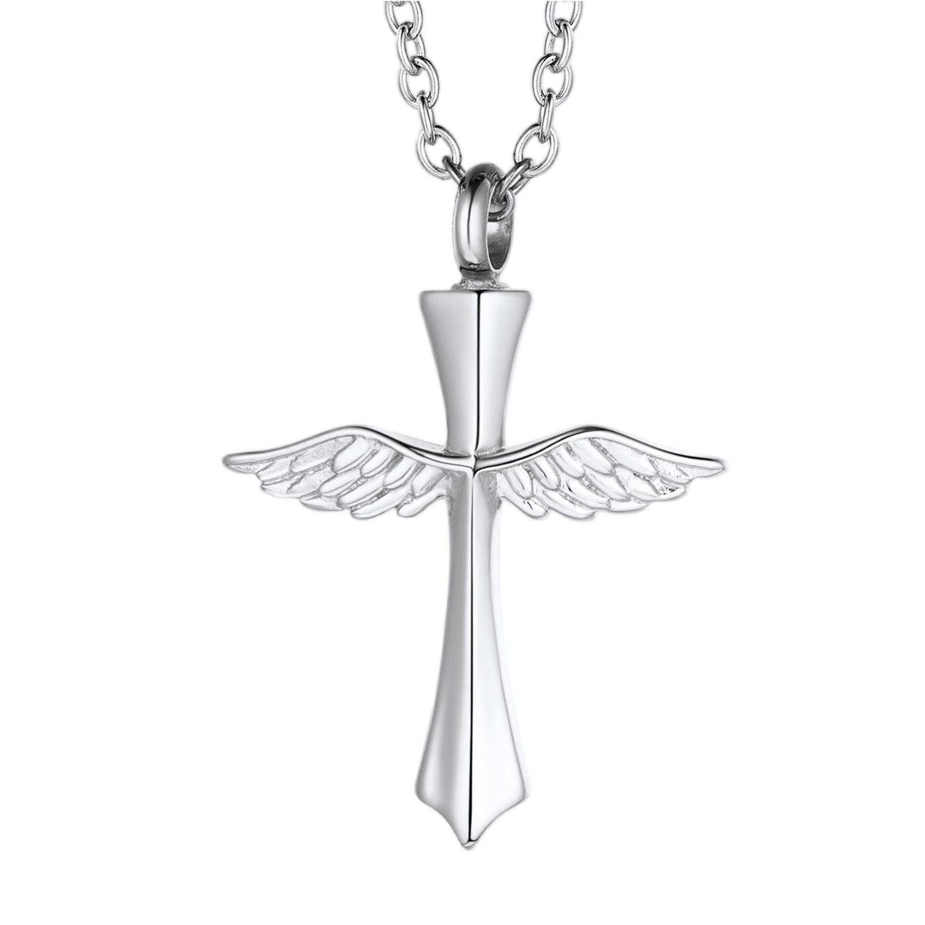 Cross Angel Wing Urn Necklace - Stainless Steel Cremation Keepsake for Ashes