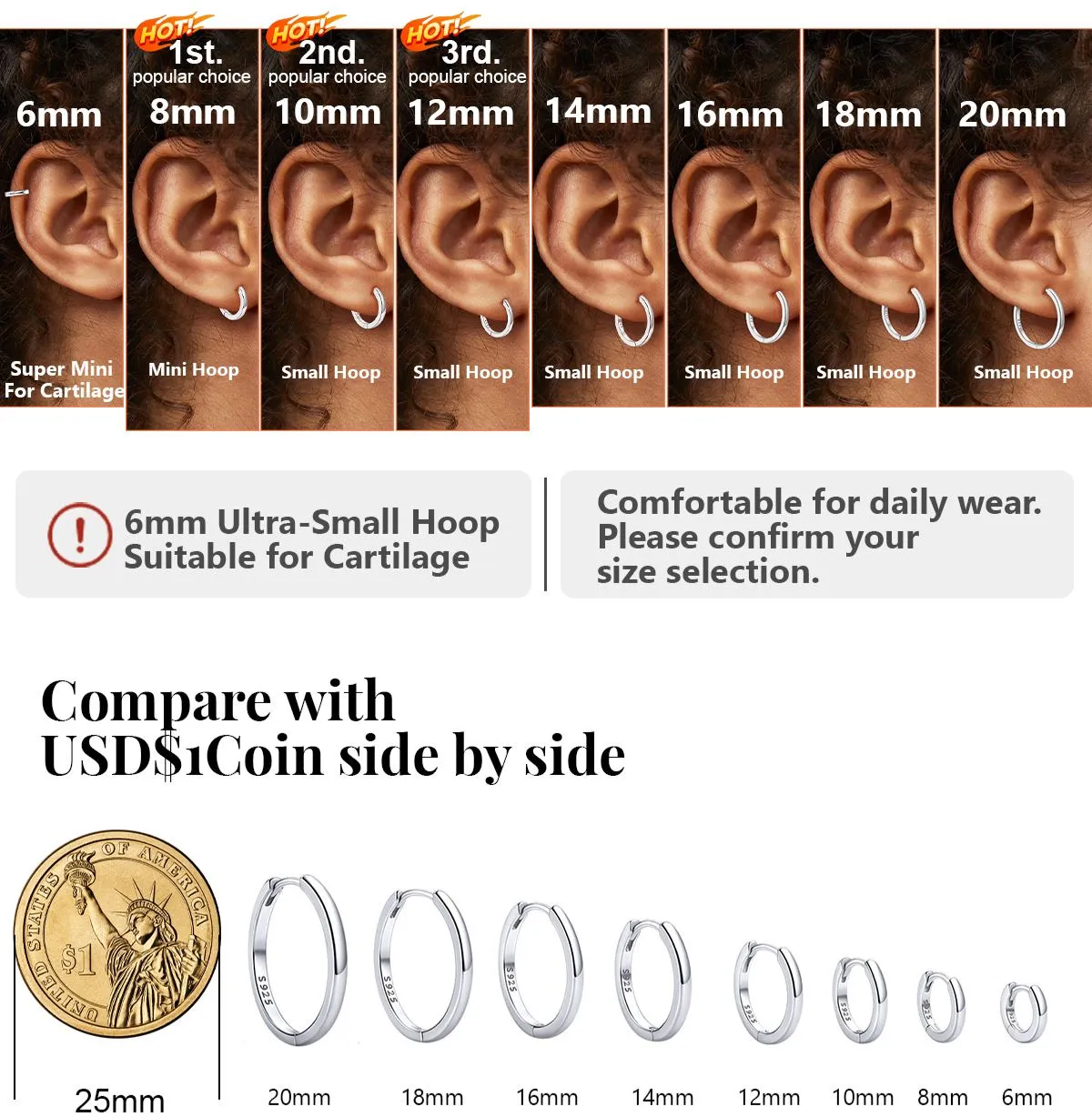 Sterling Silver Huggie Hoop Classic Earrings for Men Women