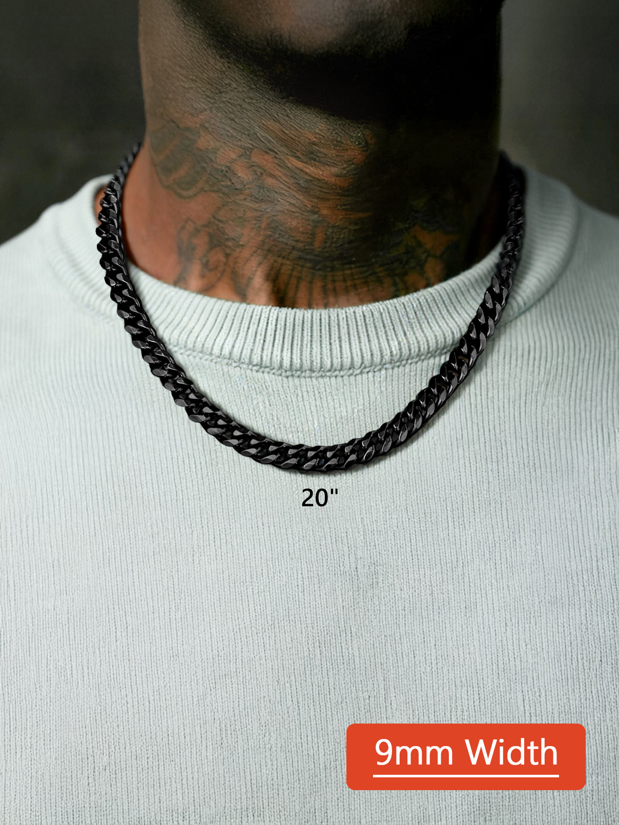 Black / 9mm / 20 inch Hip Hop Cuban Chain Necklace for Men 6/9/12mm Width