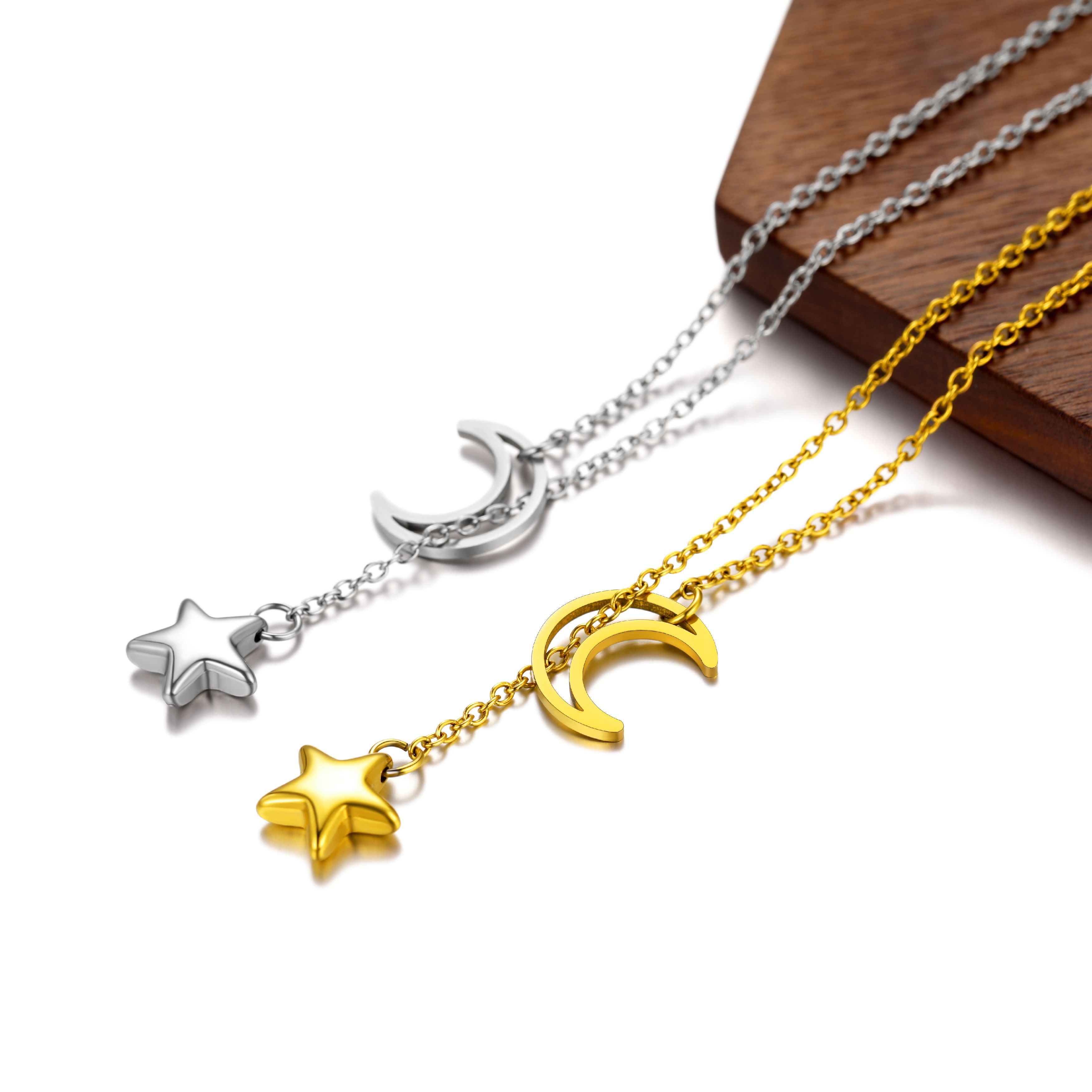 Crescent Moon Star Minimal Lariat Y Necklace