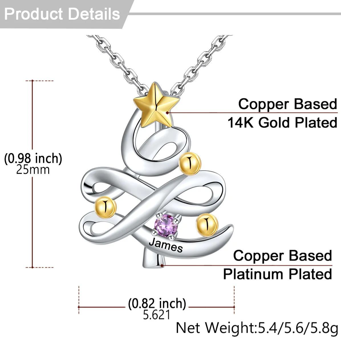 Personalized Birthstone Christmas Tree Pendant Necklace SIZE