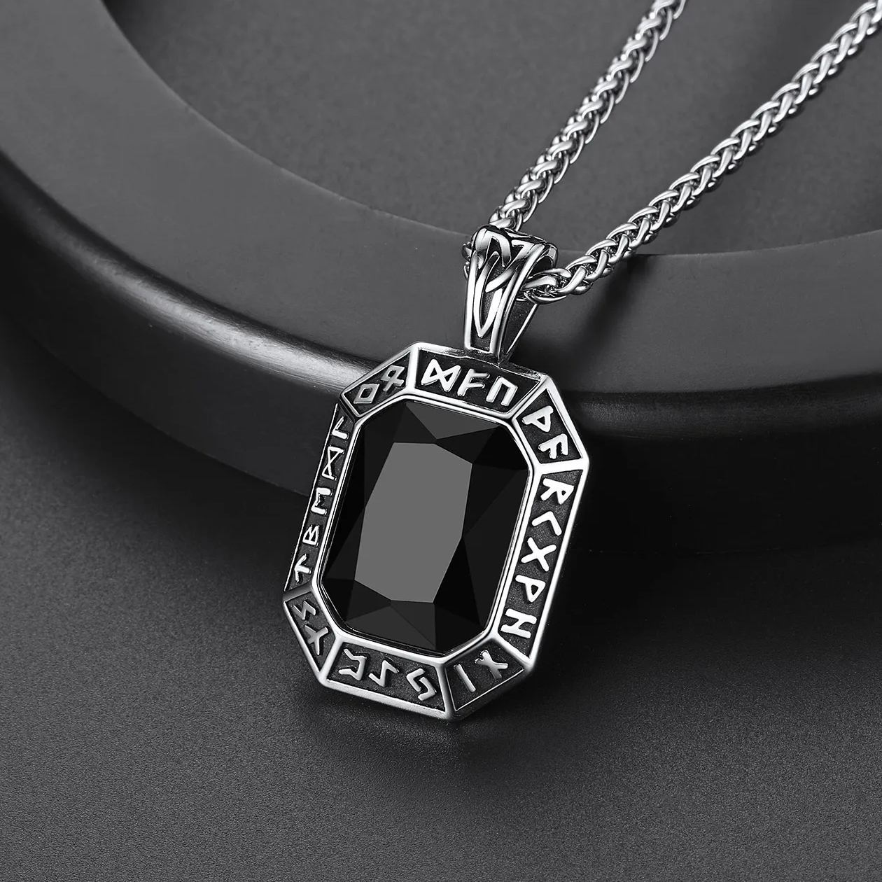 Viking Rune Necklace - Black Stainless Steel with Onyx