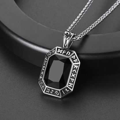 Viking Rune Necklace - Black Stainless Steel with Onyx