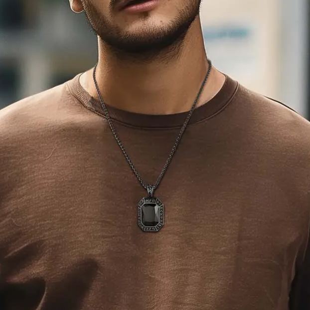 Viking Rune Necklace - Black Stainless Steel with Onyx