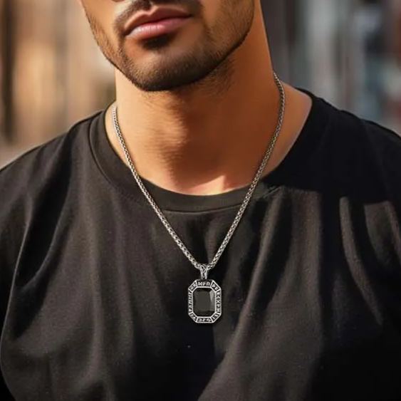 Viking Rune Necklace - Black Stainless Steel with Onyx