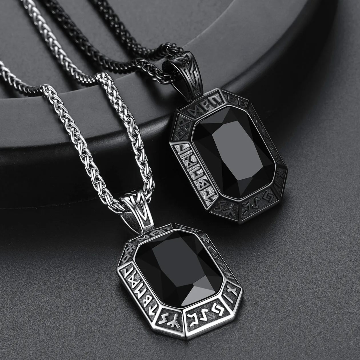 Viking Rune Necklace - Black Stainless Steel with Onyx