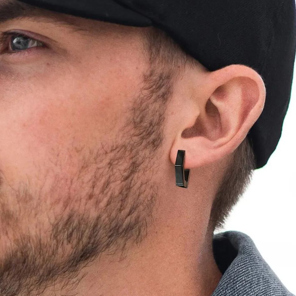 Stud Hoop Earrings Stainless Steel Black Octagon