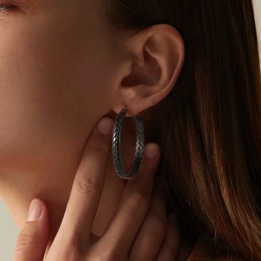 Black Wheat Hoop Earrings Stainless Steel Chunky