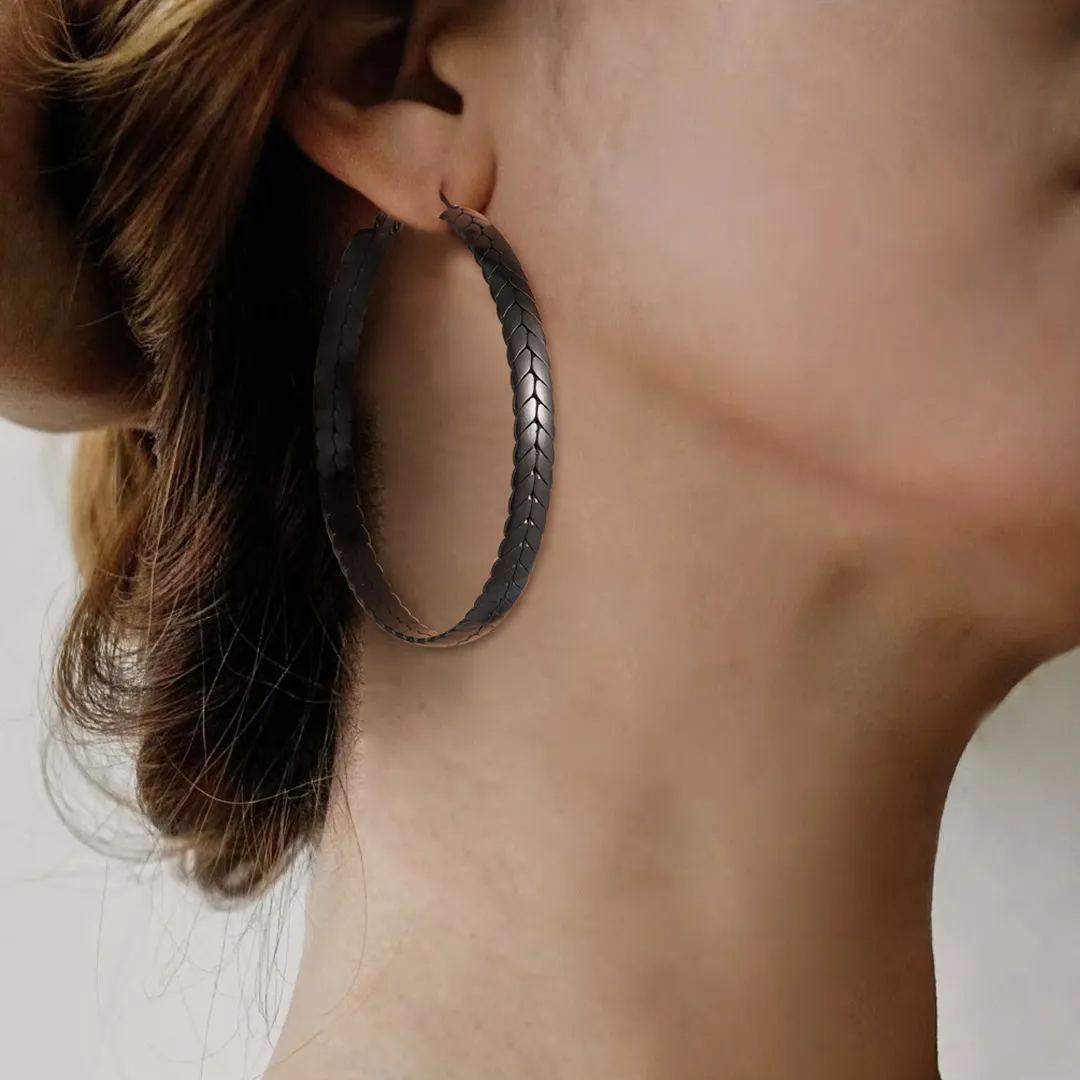 Black Wheat Hoop Earrings Stainless Steel Chunky