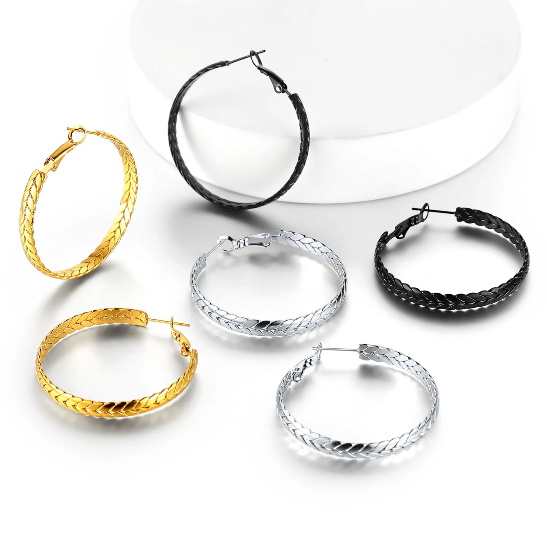 Black Wheat Hoop Earrings Stainless Steel Chunky